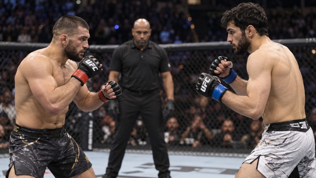 Тематическая иллюстрация к анонсу UFC 333: соперники в октагоне перед боем